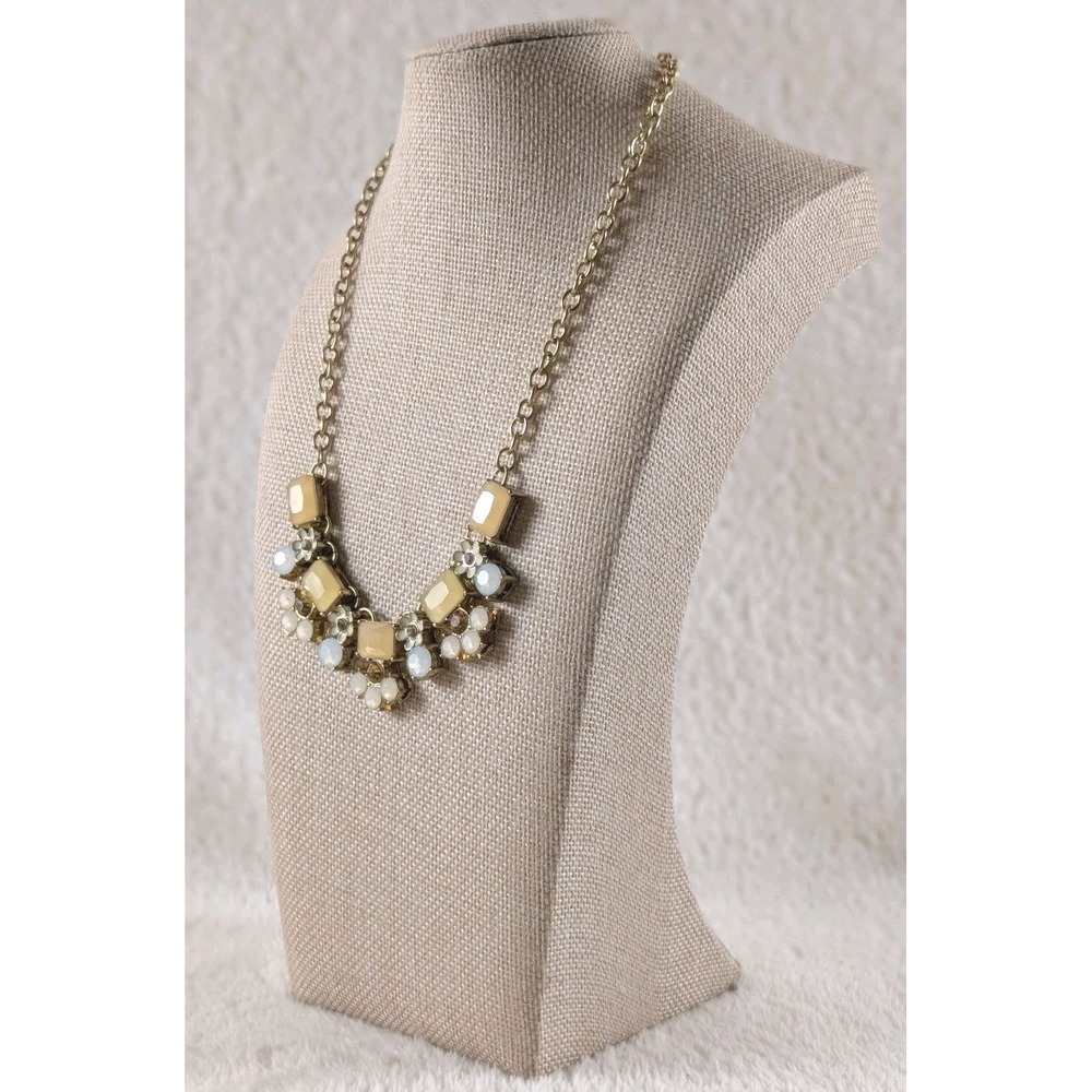 Gold Tone Statement Necklace Cream Beige Opalescent Stones Floral - Picture 1 of 3
